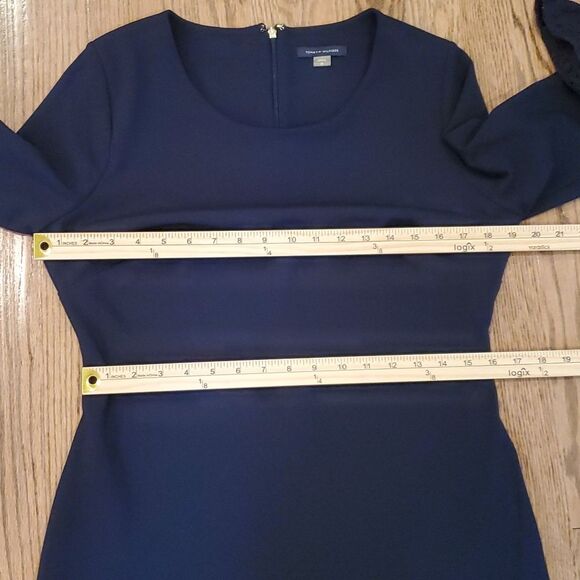 Tommy Hilfiger Elegant Navy Blue Crepe Sheath Dress Lace Bell Sleeve Size 12 - Picture 8 of 11
